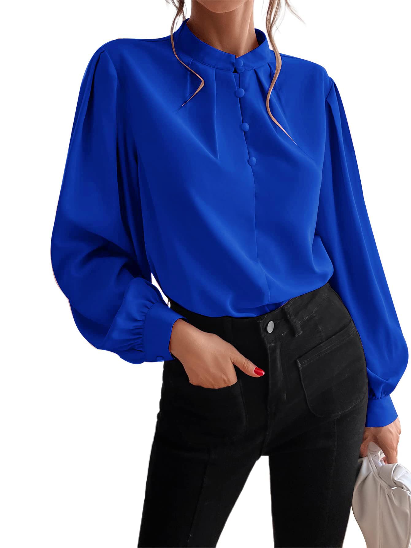 Button Down Shirts for Women Womens Fall Tops Business Casual Tops for Women Womens Blouse Mock Neck Tops for Women Long Sleeve Blouses for Women Solid Color Chiffon Shirt Blue L