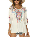 Higustar Womens Mexican Embroidered Shirt Traditional Boho Style Tops Peasant Bohemian Clothes Floral Blouse for Women White
