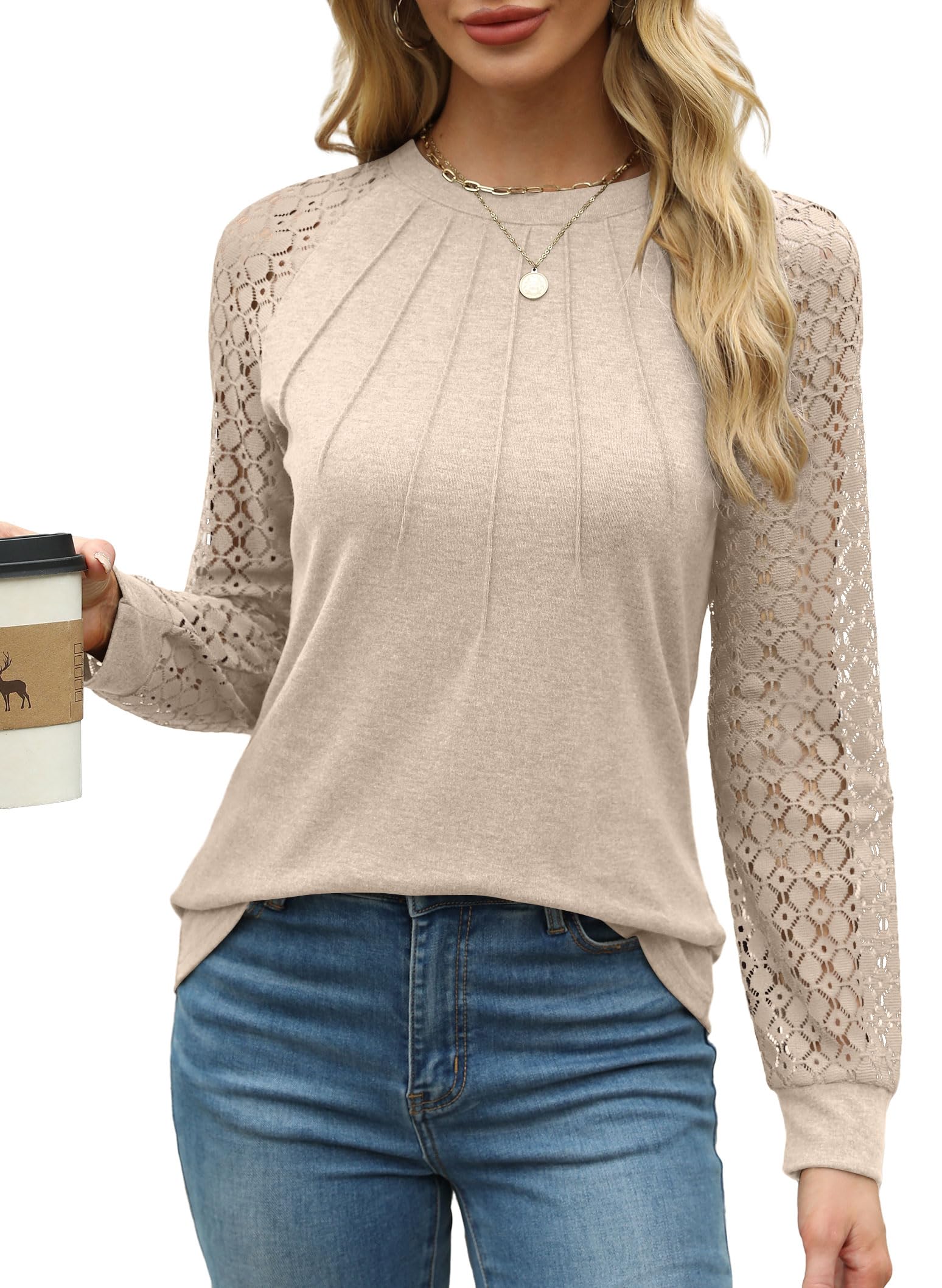 Tops for Women Trendy Lace Long Sleeve Fall Fashion Clothes Business Casual Outfits for Women Khaki S