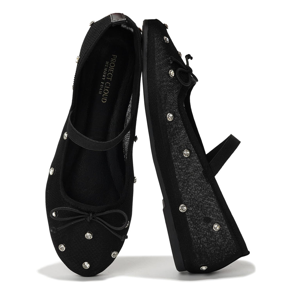 Project Cloud Crystal Mesh Ballet Flats for Women Memory Foam - Mesh Flats Women Footwear & Ballet Shoes for Women - Non-Slip Women Flats - Casual Ballerina Flats for Women (Amity blk 8)
