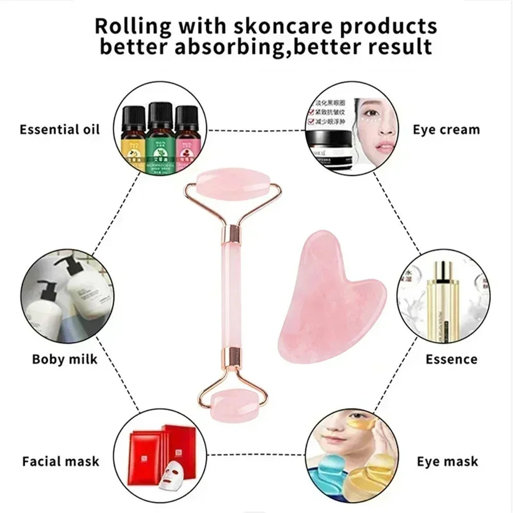 2PCS Facial Neck Beauty Massage Roller Skin Care Tools Double-Headed Natural Jade Relaxing Slimming Face Roller Gouache Scraper