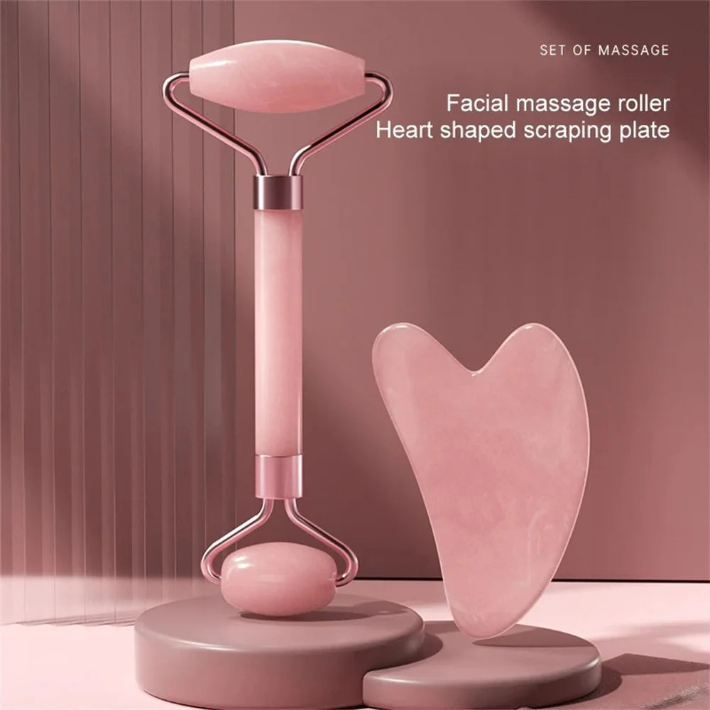 2PCS Facial Neck Beauty Massage Roller Skin Care Tools Double-Headed Natural Jade Relaxing Slimming Face Roller Gouache Scraper