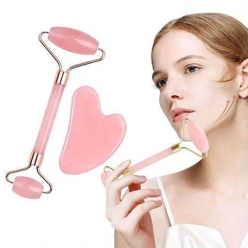 2PCS Facial Neck Beauty Massage Roller Skin Care Tools Double-Headed Natural Jade Relaxing Slimming Face Roller Gouache Scraper