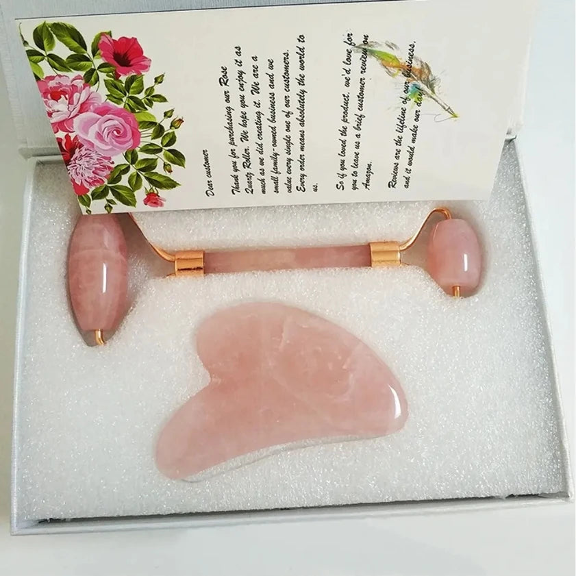 Hot Selling Pink Jade Roller for Wrinkle Reduction Massager Natural Reduce Stress Set