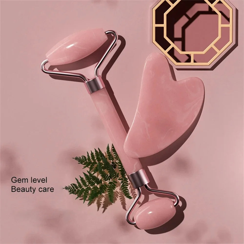 2PCS Facial Neck Beauty Massage Roller Skin Care Tools Double-Headed Natural Jade Relaxing Slimming Face Roller Gouache Scraper