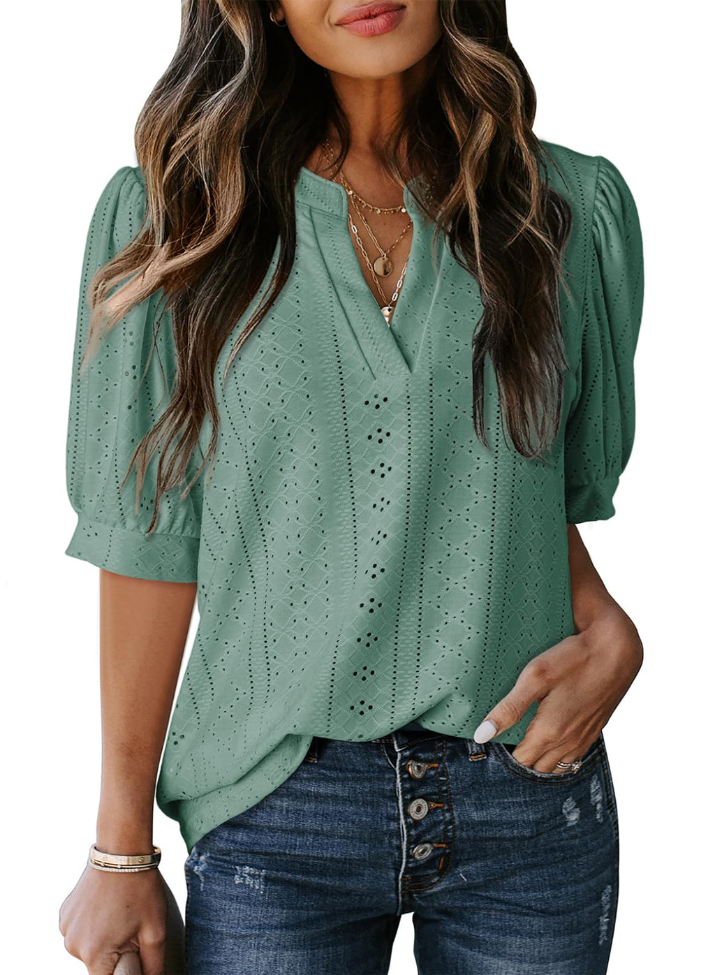 Dokotoo Summer Outfits Tops for Women Trendy 2025 Business Casual Blouses V Neck Puff Short Sleeve Shirts Hollow Out Lace Tops Solid Color Blouse Cruise Outfits for Women Clothes Mist Green 2XL